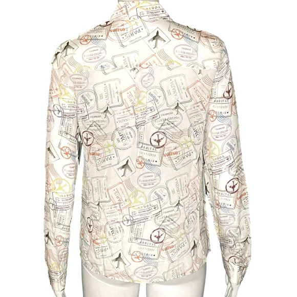 NWT Alice + Olivia Willa Travel Stamp Print Silk Long Sleeve Shirt - Sz S - Picture 4 of 9